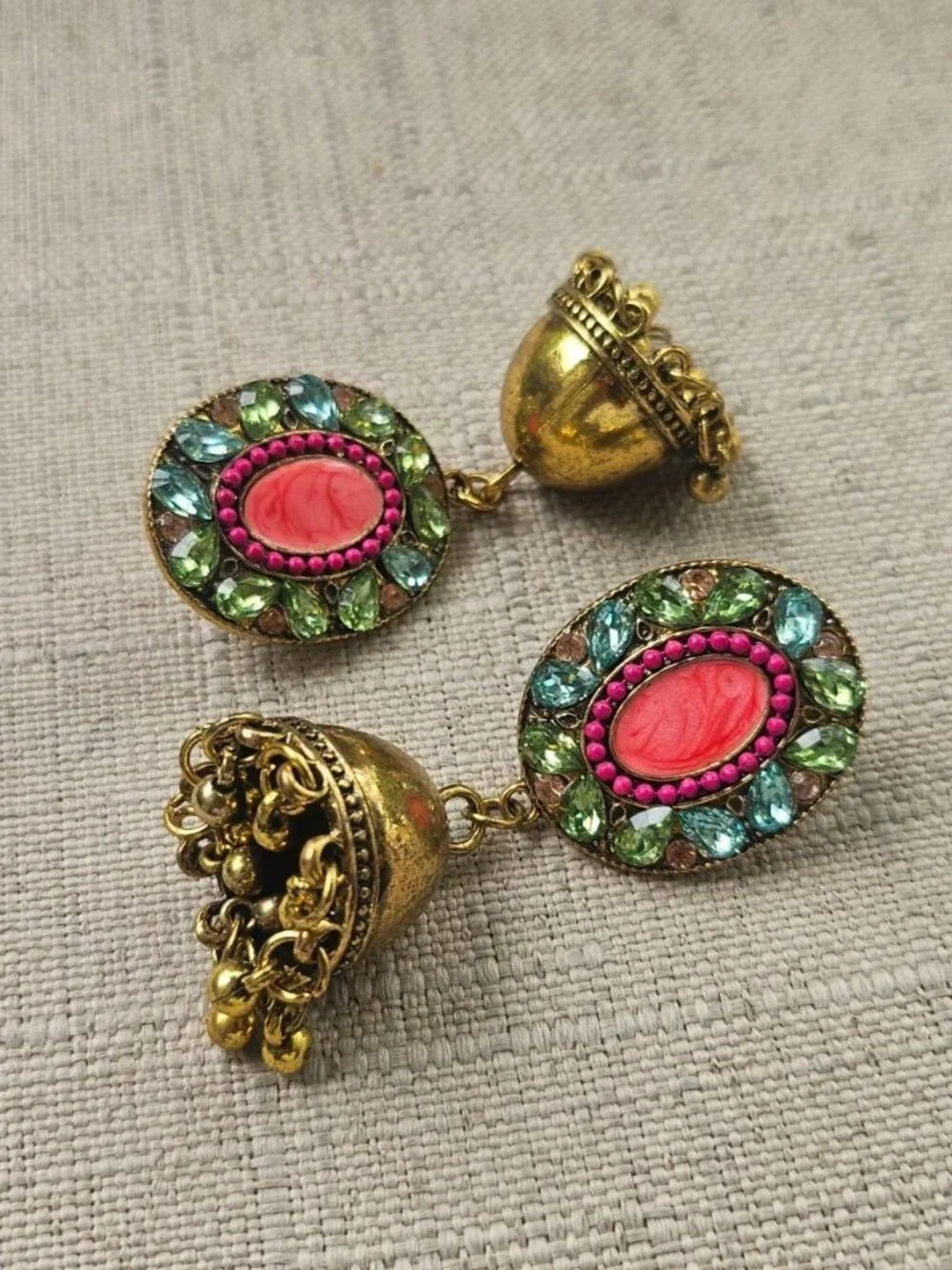 Pakistani Earrings Jhumka Fashion Jewelry Gold Tone Pink Beads Chandelier New - Picture 8 of 13